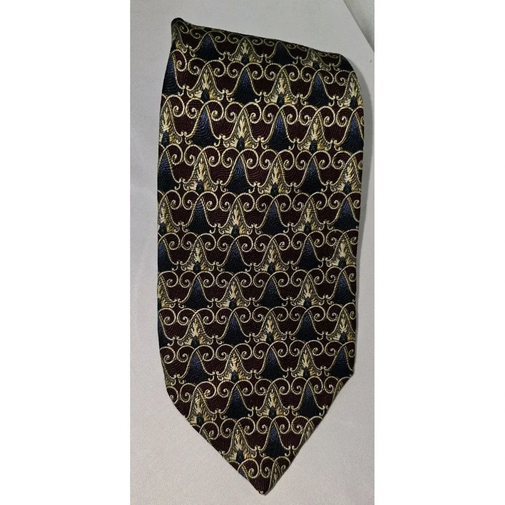 Robert Talbott Albert Ltd Studio Silk Tie Burgundy‎ Navy Gold Scroll Geometric